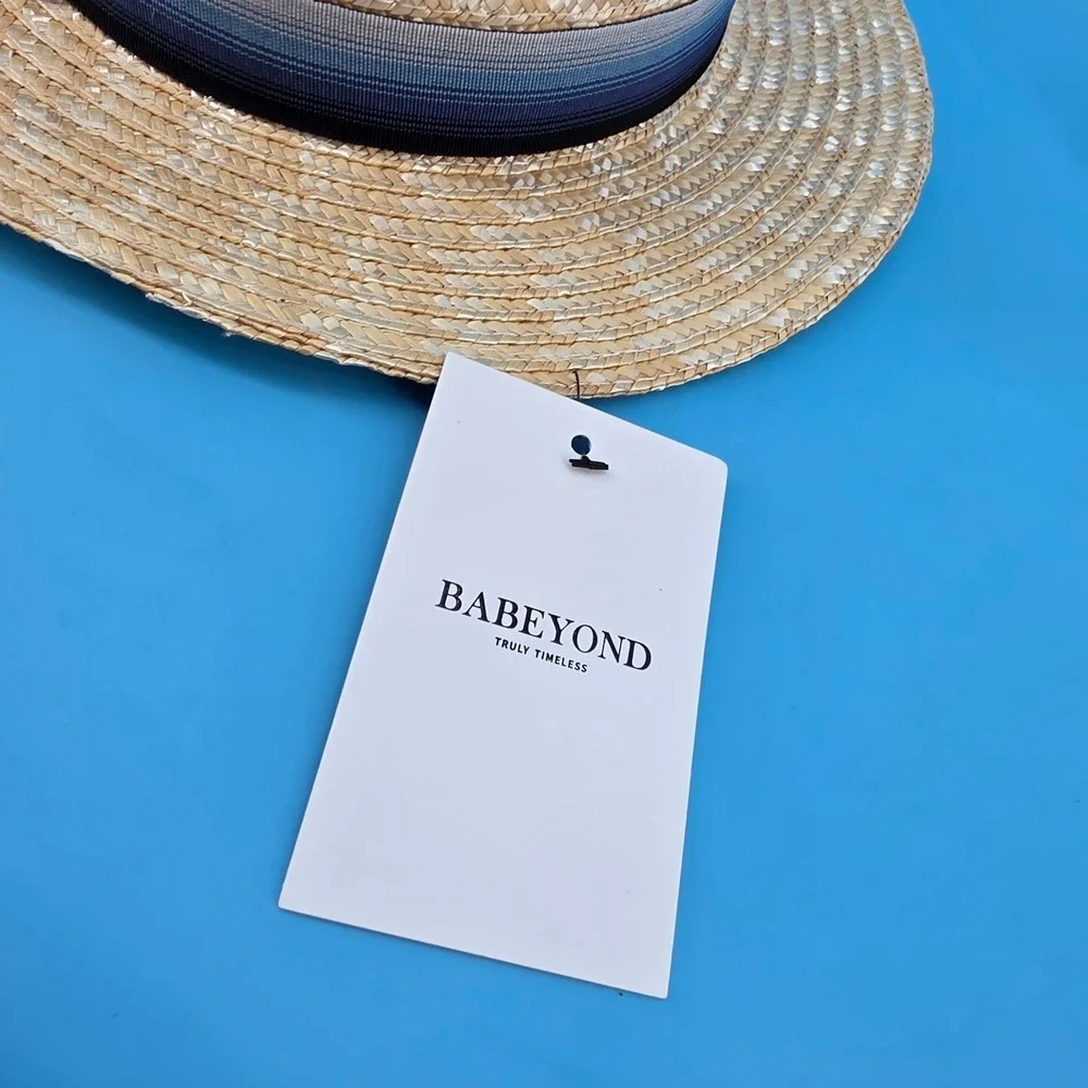 Babeyond Straw Boater‎ Hat Mens/Womens Blue Gradient Ribbon Flat Top Skimmer L